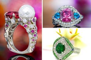 Left to right - Mina (far left) ft. a 5.9 Dragon garnet, faceted white pearl, diamonds and Rhodolite garnets, Khaleesi (top right) ft. a 5.9 ct Dragon garnet, diamonds and blue topaz, a private commission accented by garnets, diamonds, blue topaz and blue sapphires.