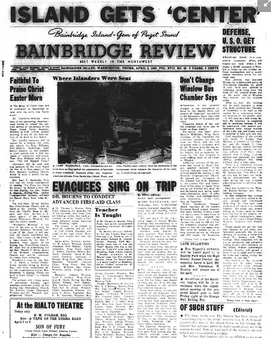 Japanese American evacuees sing on way to camp.