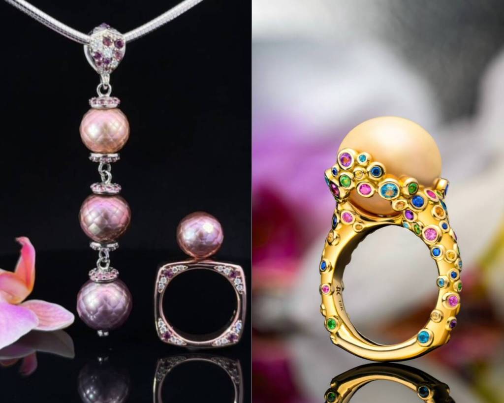 The 3 pearl pendant perfect for easy wearing (far left) and Bubbles (far right).