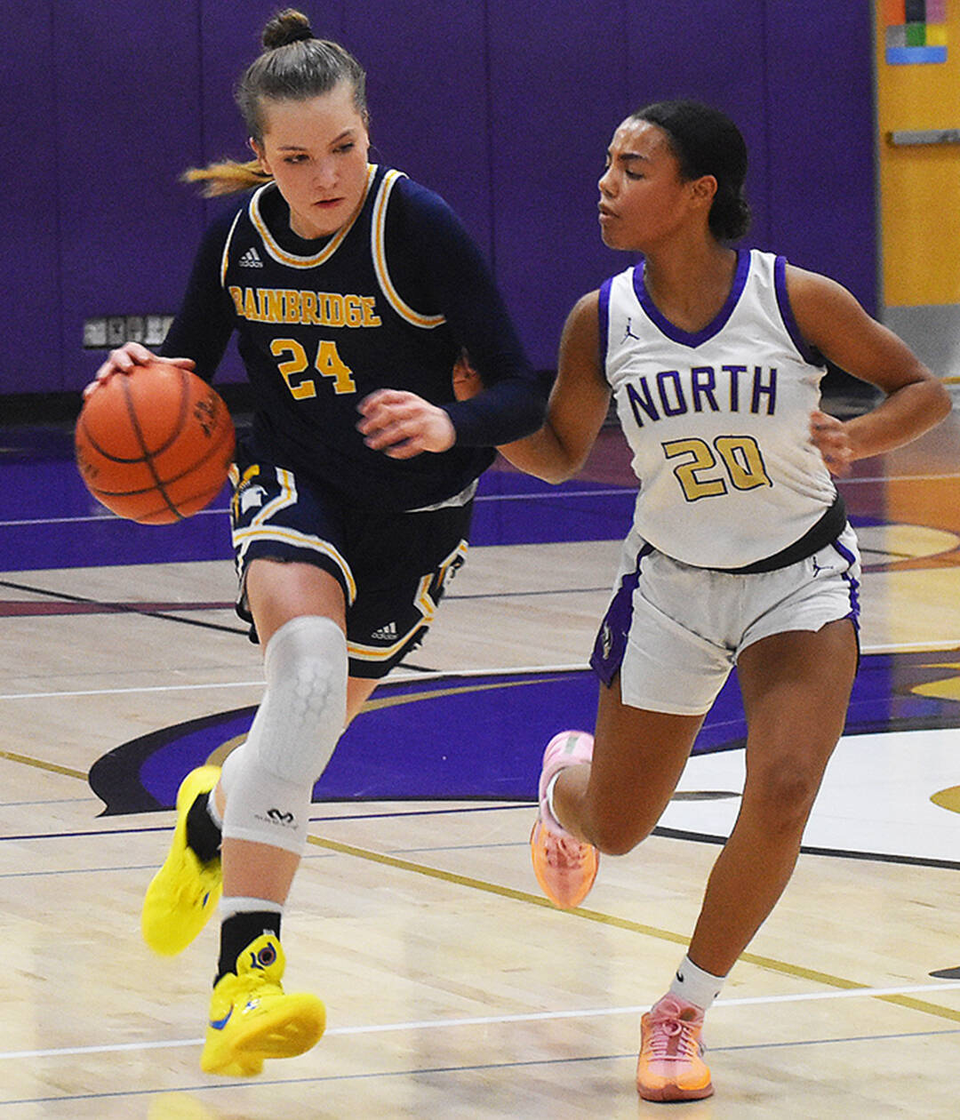 Spartan Bella Ramirez drives past Viking Coriana McMillian.