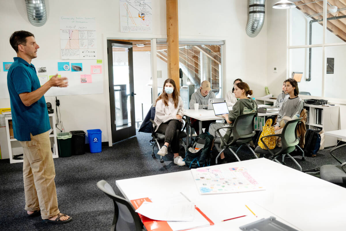 James Rufo-Hill, a science teacher at Hyla School on Bainbridge Island, teaches a climate change course that includes a project with Eco-Adapt and Washington State Ferries to illustrate the possible rising sea levels. Photo courtesy Hyla School