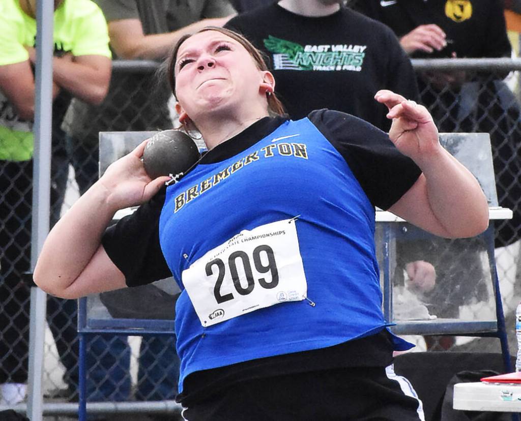 Bremertons Rylee Wheaton finishes second in the 2A girls shot put.