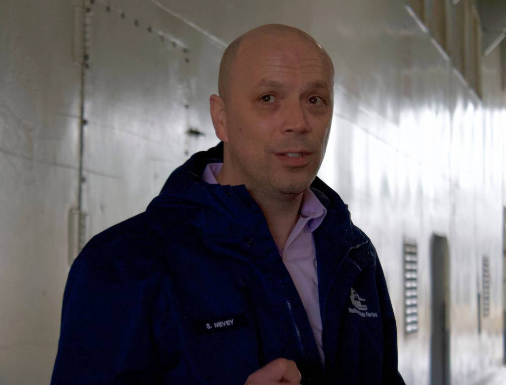 Steve Nevey, head of the Washington State Ferries, speaks on the deck of the Puyallup during WSF Career Day.