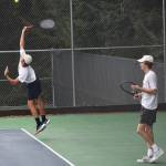 Charlie Combs and Aidan McLennan of Bainbridge battle in the 3A doubles competition.