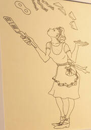 Clarks drawing of a server showing off her juggling skills.