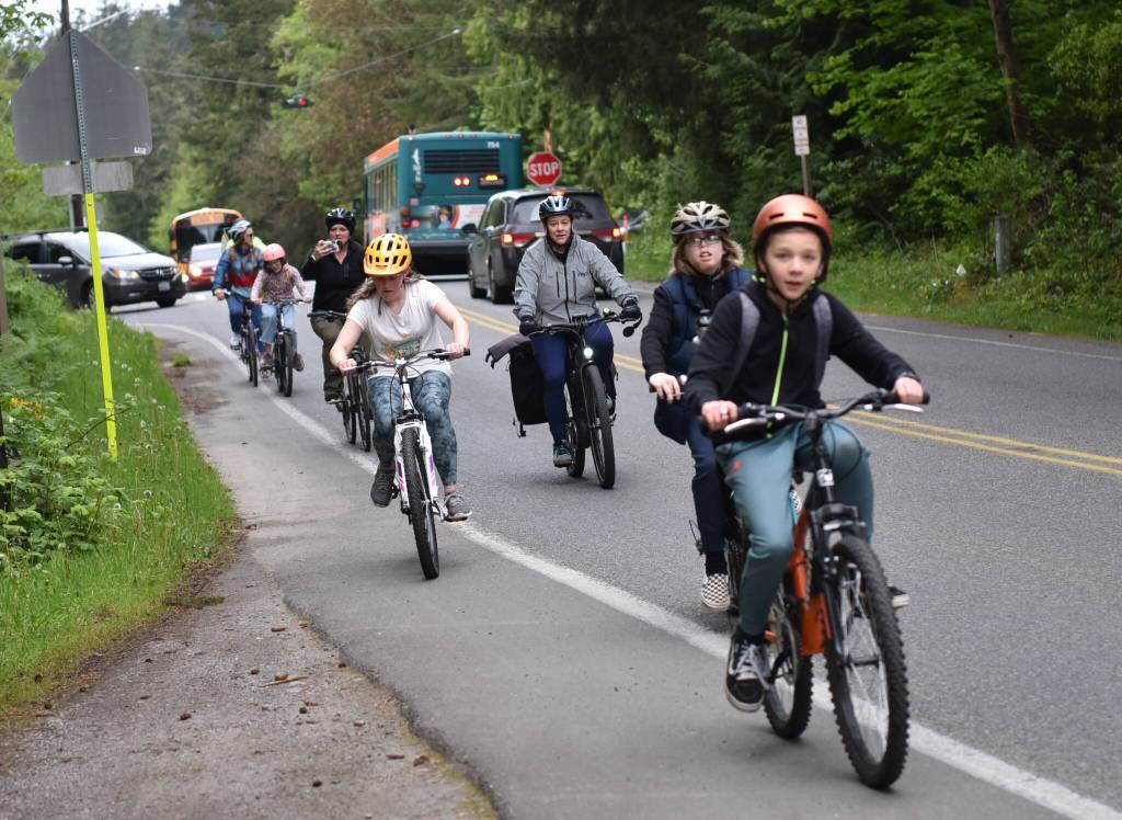 Bainbridge Island kids took their bikes on the road in a coordinated group ride with adult guides for the annual Bike to School Day May 20. Bikes of all colors and sizes were seen all around the island and parked in temporary lots at schools.