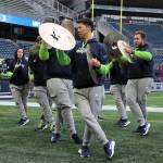 The Seattle Seahawks Blue Thunder drumline gives visiting fans a halftime performance.
