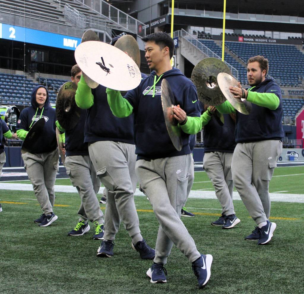 The Seattle Seahawks Blue Thunder drumline gives visiting fans a halftime performance.