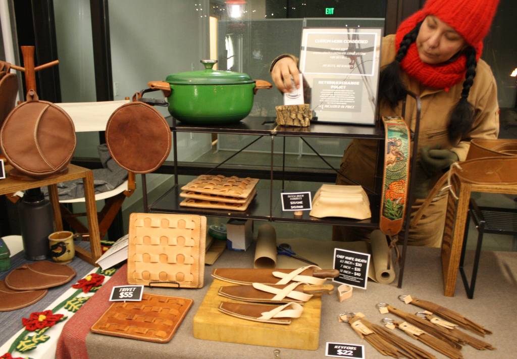 Leather gifts for sale at the winter night market.