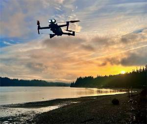 Rakesh Bharania courtesy photos
A Bainbridge Prepares drone takes off to do water rescue training at dusk near Lynwood Center.