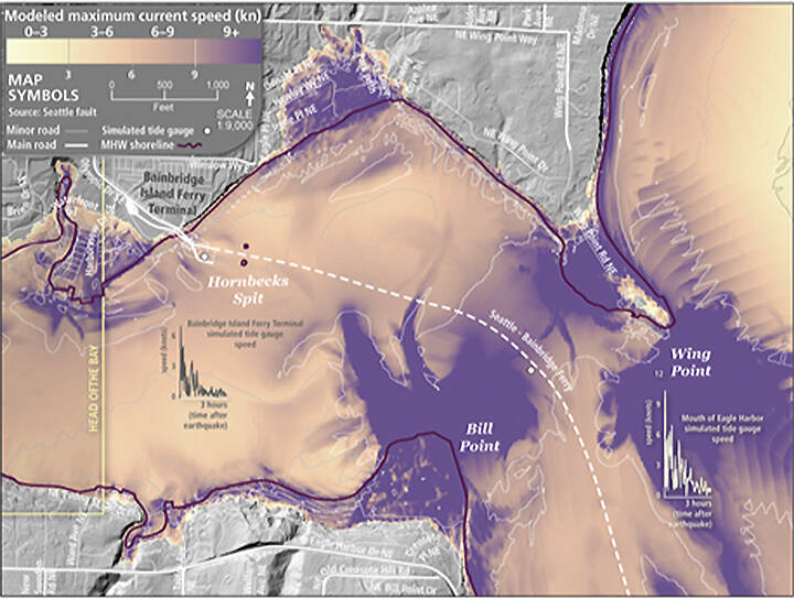 This graphic represents the maximum current speeds above normal for a Seattle Fault Zone earthquake and tsunami at the mouth of Eagle Harbor on Bainbridge Island. The darker purple colors represent speeds of 9 knots and more above background current speeds.