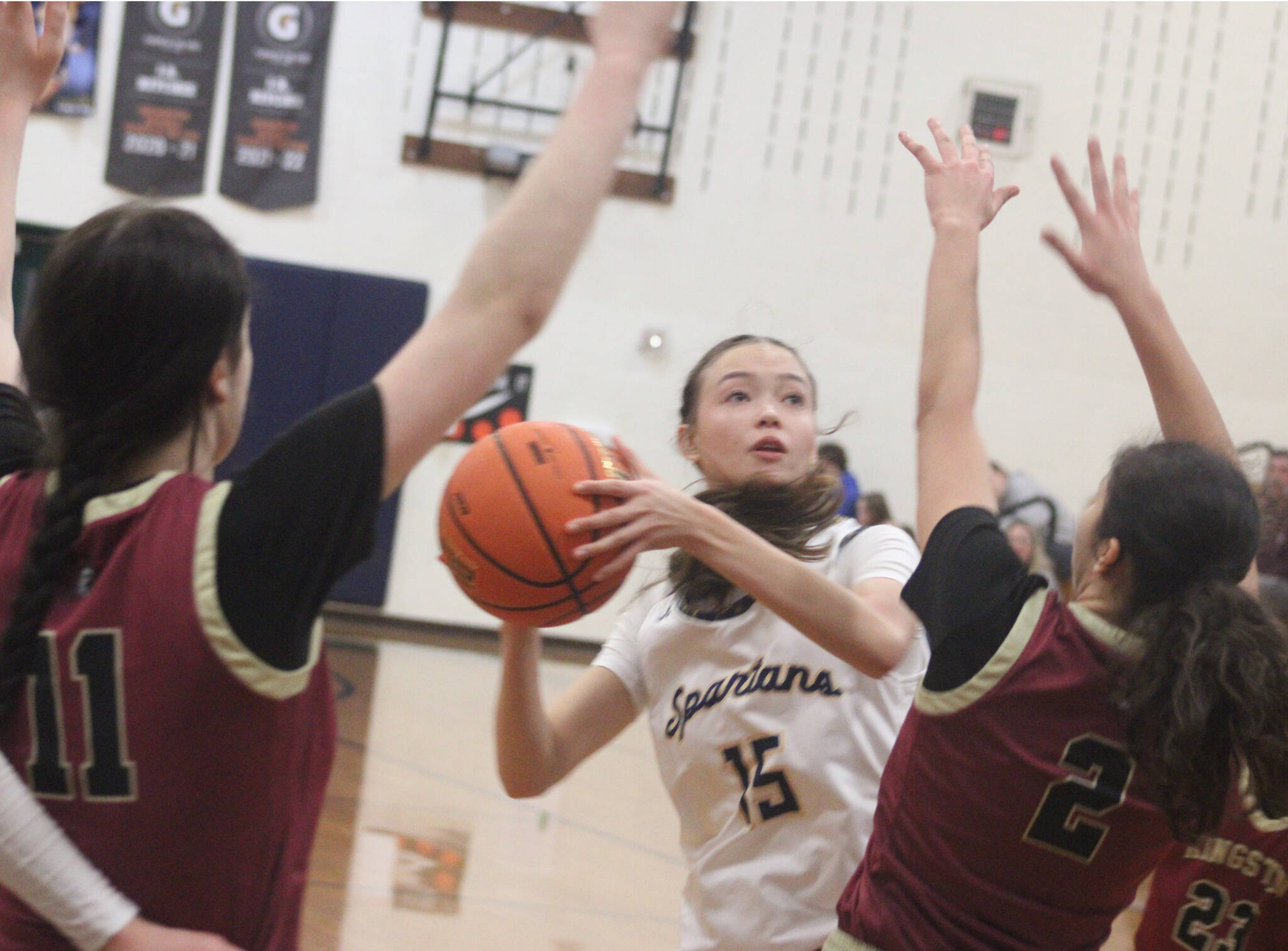 Luke Caputo/Kitsap News Group
Spartan Kaela Cole goes up for a layup in a 71-51 win over Kingston in the district 2A girls basketball tournament at Bainbridge High School Feb. 18.