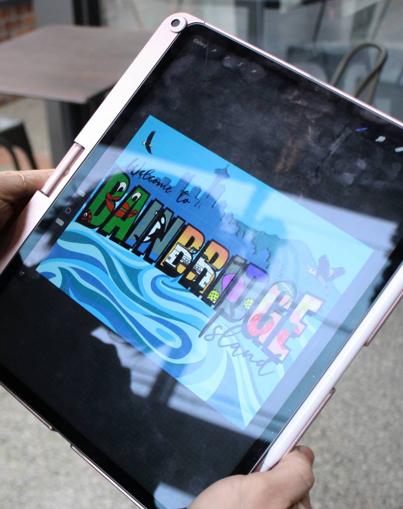 Brahmer had a vision for a postcard-style mural for BI years before Arts and Humanities commissioned her to make one. Here, she shows an initial draft she created  some elements of which were retained.