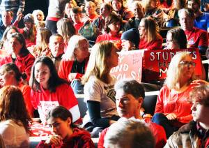 Molly Hetherwick/Kitsap News Group photos
About one-third of the Town Hall meeting attendees wore red to show support for public education.