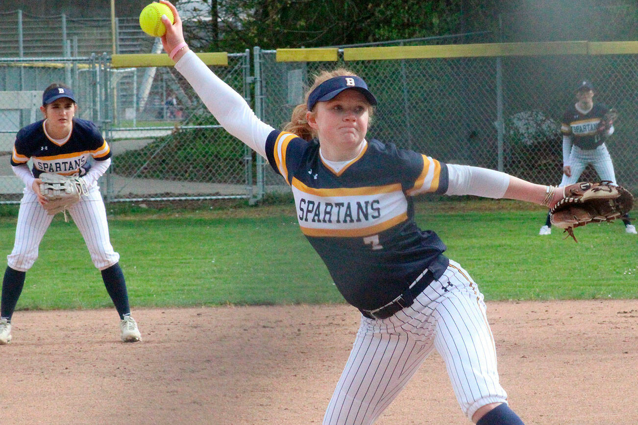 Spartan starting pitcher Rollins Anderson winds up a pitch in a Bainbridge loss to Kingston March 31.