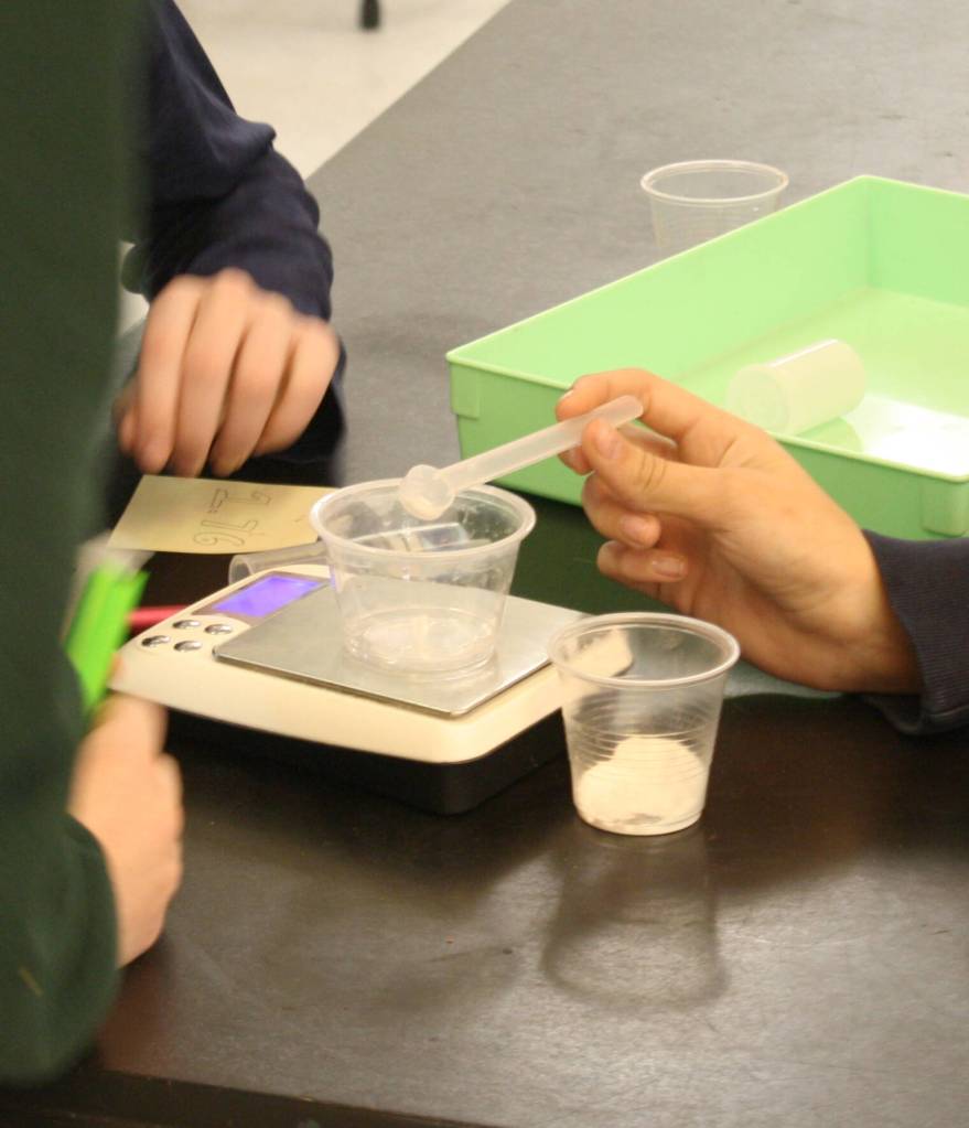 Students measure a tiny amount of microscopic glass beads in preparation for the filtration experiment.