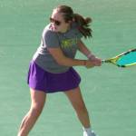 Viking Teegan DeVries prepares for a backhand in a dominant singles match win against Bainridge April 30.