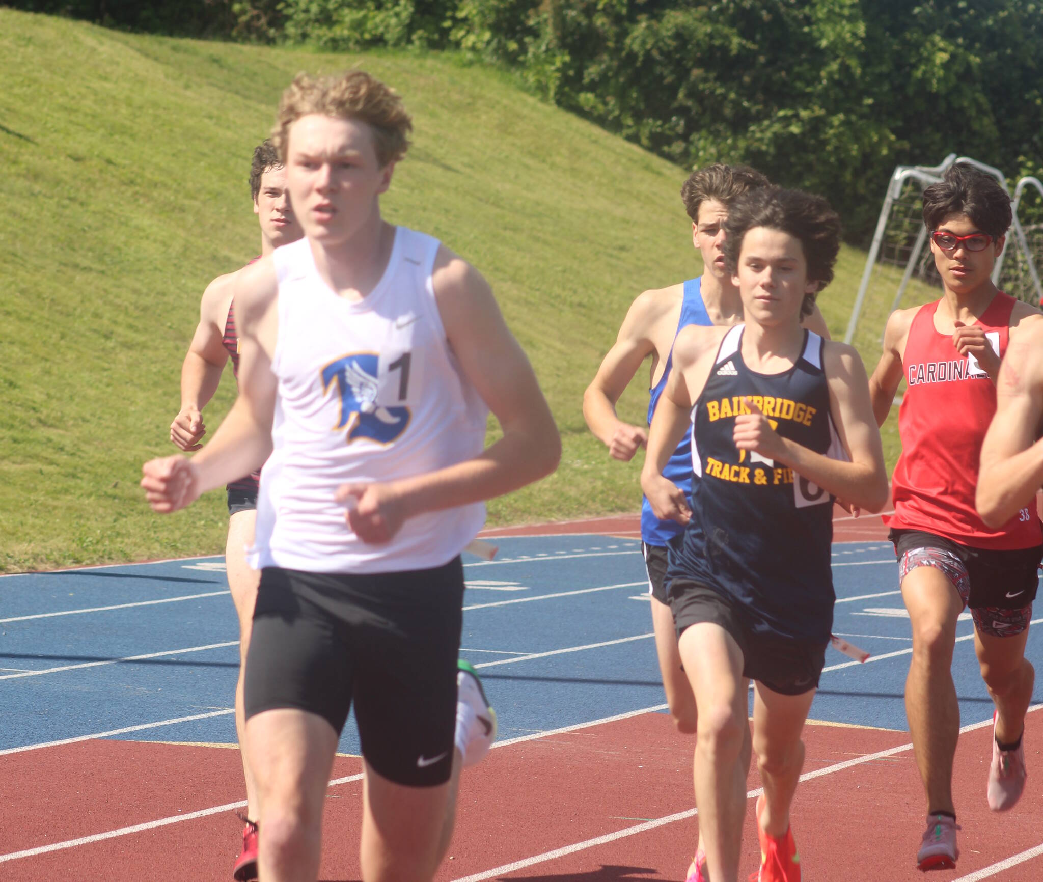 Luke Caputo/Kitsap News Group
Bremerton Knight Dallin Anderson (front) and Bainbridge Spartan Ignacio Llorens (back) compete in the 800M event at districts, May 21 at Bremerton High School.