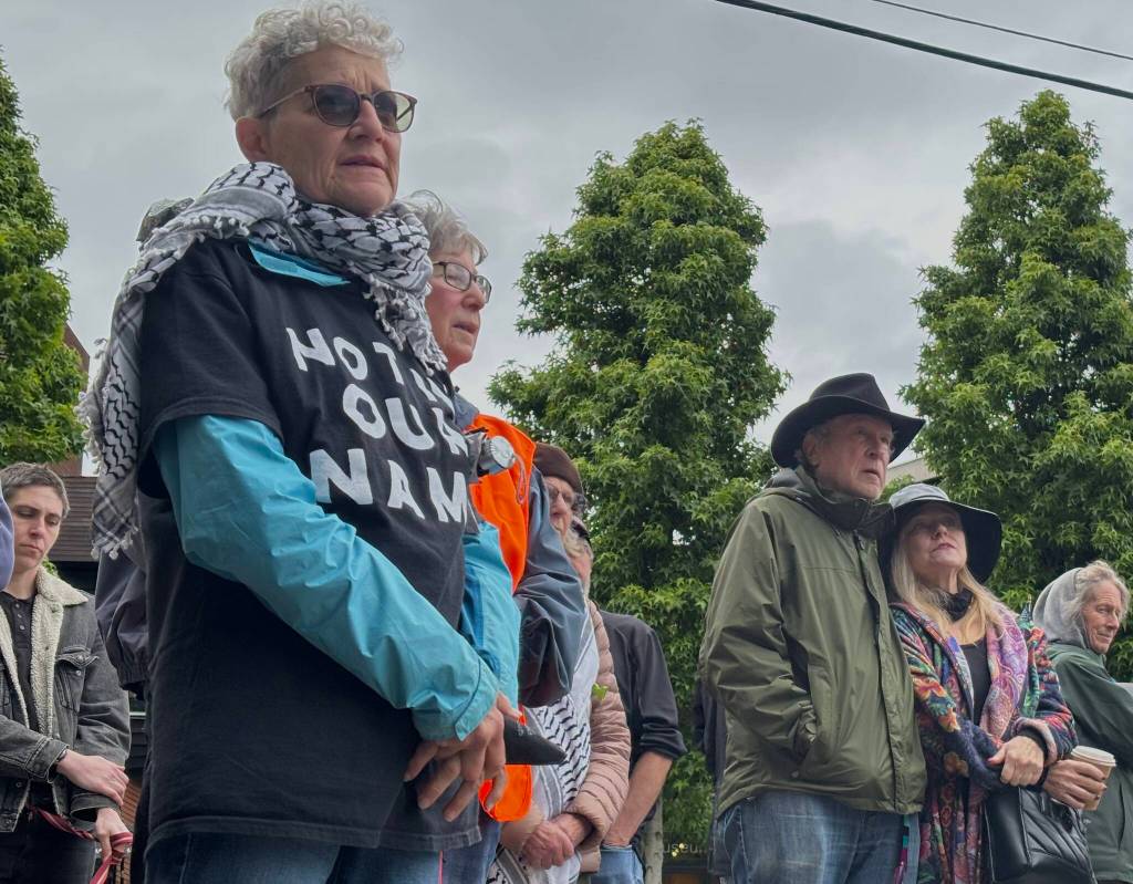 Anti-censorship protesters listen to speakers during the demonstration.
