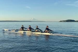 BI Rowing courtesy photos
The BI Rowing team, consisting of Addie Carleton, Alita Kakutani, Paige Murphy, and Dolly Courtway, competes in the Pacific Northwest Regional Championships May 28 in Vancouver, WA.