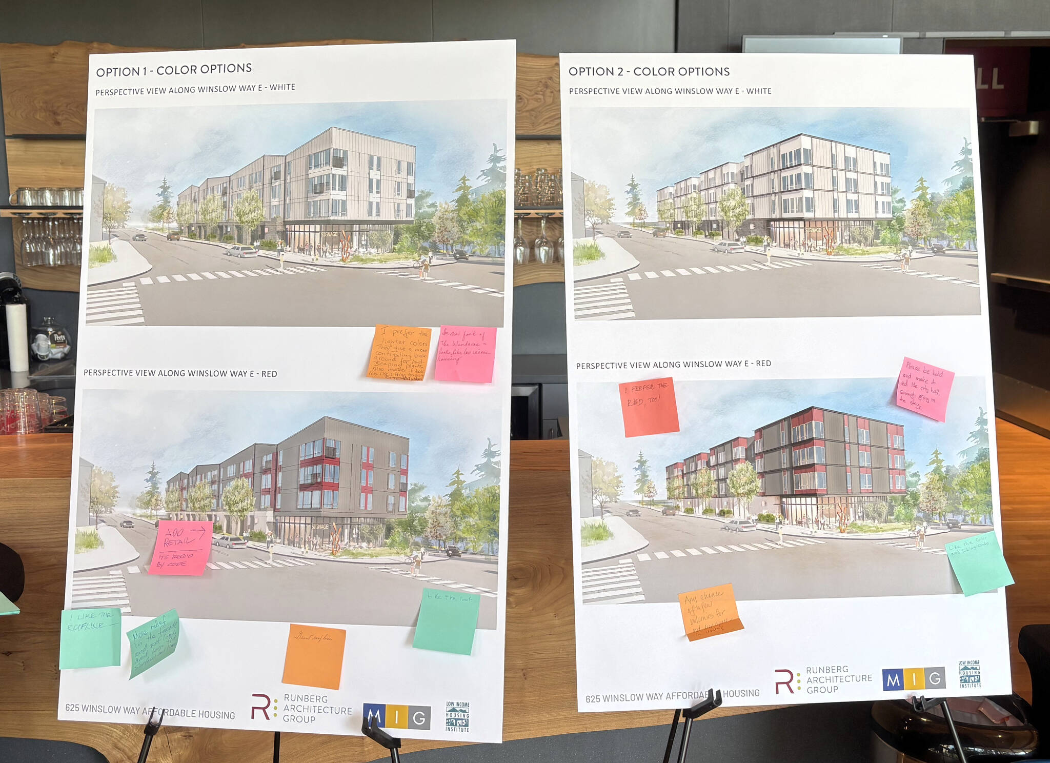 Molly Hetherwick/Kitsap News Group
Some renderings of potential designs for the LIHI project at the corner of Winslow Way and Highway 305, the site of the old police station.