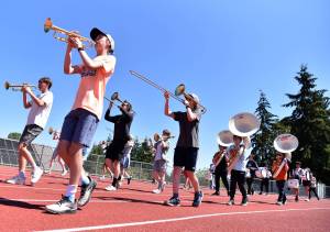 Nancy Treder courtesy photos
Spartan Cadets practice marching around Memorial Field during band camp held at Bainbridge High School.