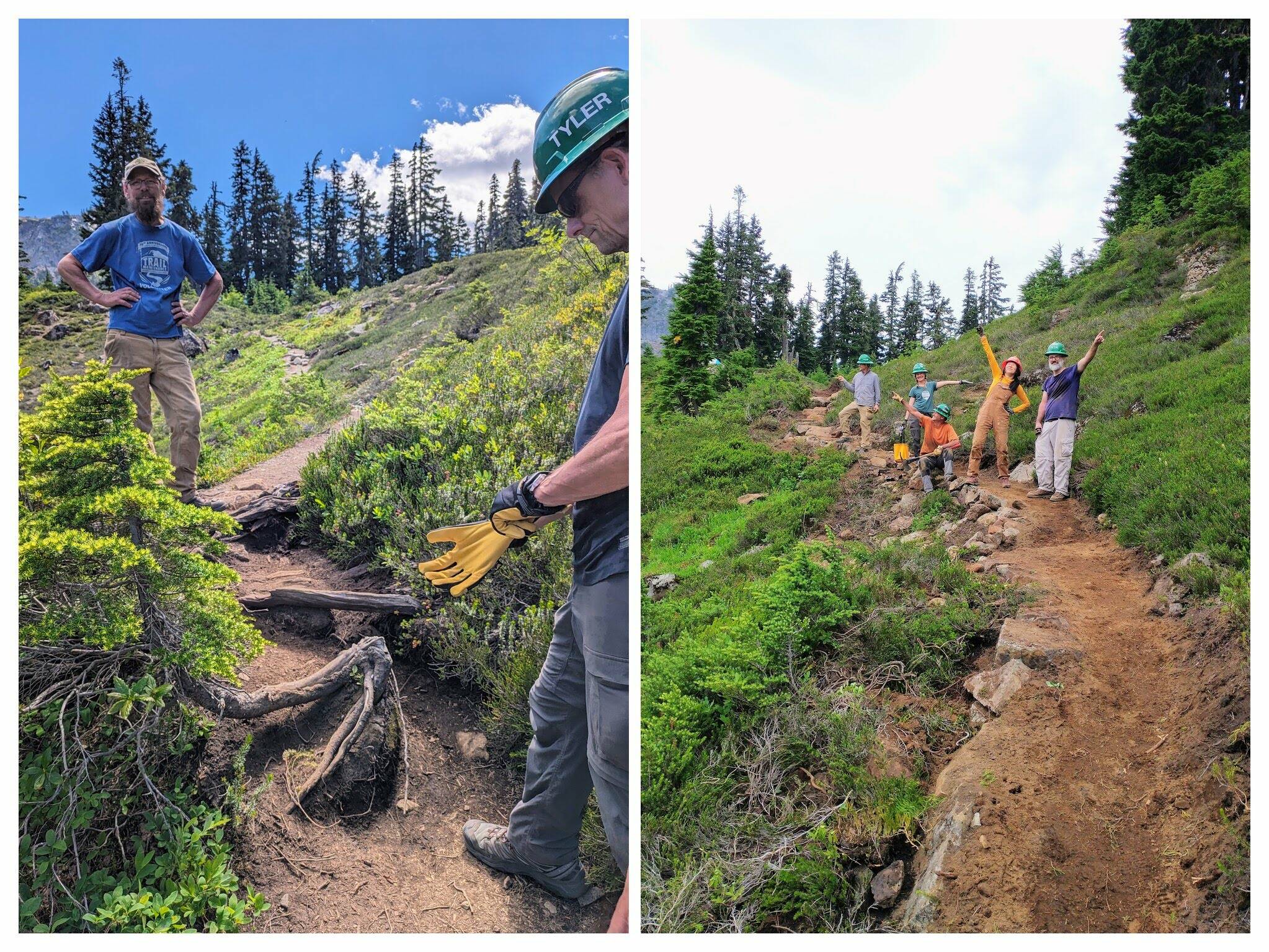 WTA courtesy photo
A before-and-after composition of trail work performed by a WTA maintenance crew, showing improved tread on the right.