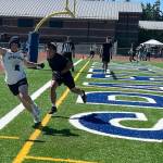 Luke Caputo/Kitsap News Group photos
Bainbridge wide receiver Rowan Meek attempts to make a play on an incoming pass with a Mount Tahoma defender draped all over him in the 7 on 7 Battle at the Bay Tournament July 12 at Bainbridge High School.