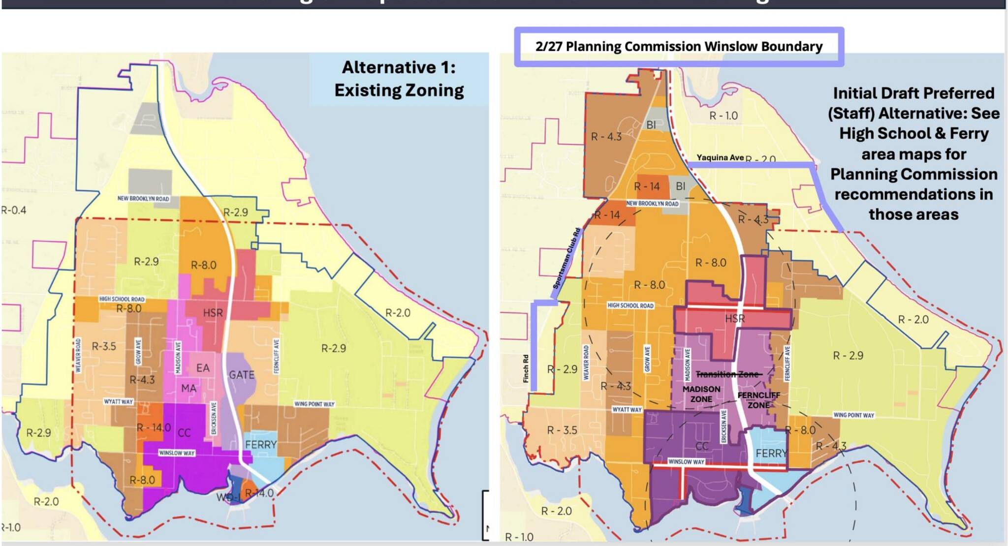 COBI courtesy images
A look at the proposed zoning boundaries for the Winslow Subarea, including changes to its mini-neighborhood districts.