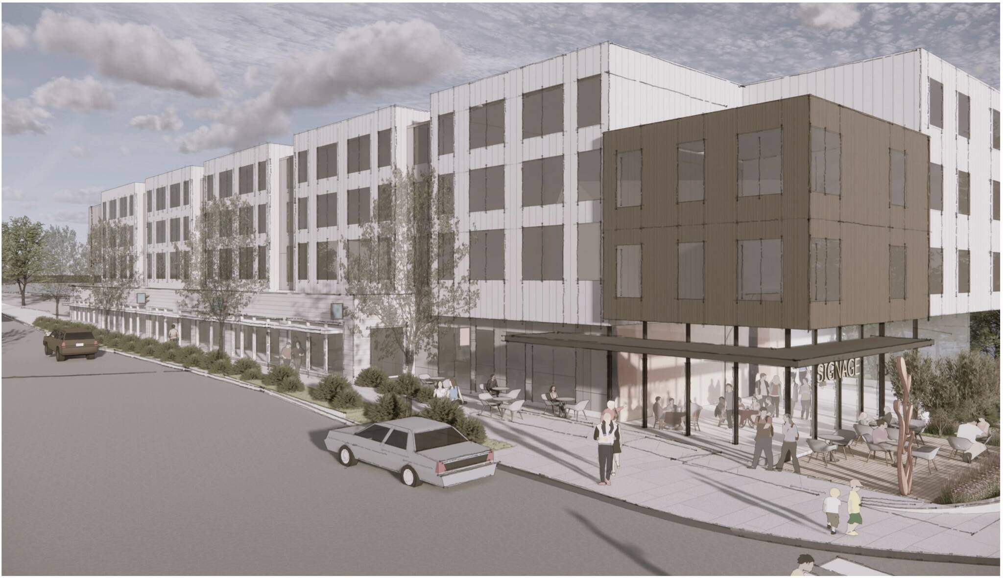 LIHI courtesy image
A rendering of the proposed low-income housing development at the former police station on Winslow Way.