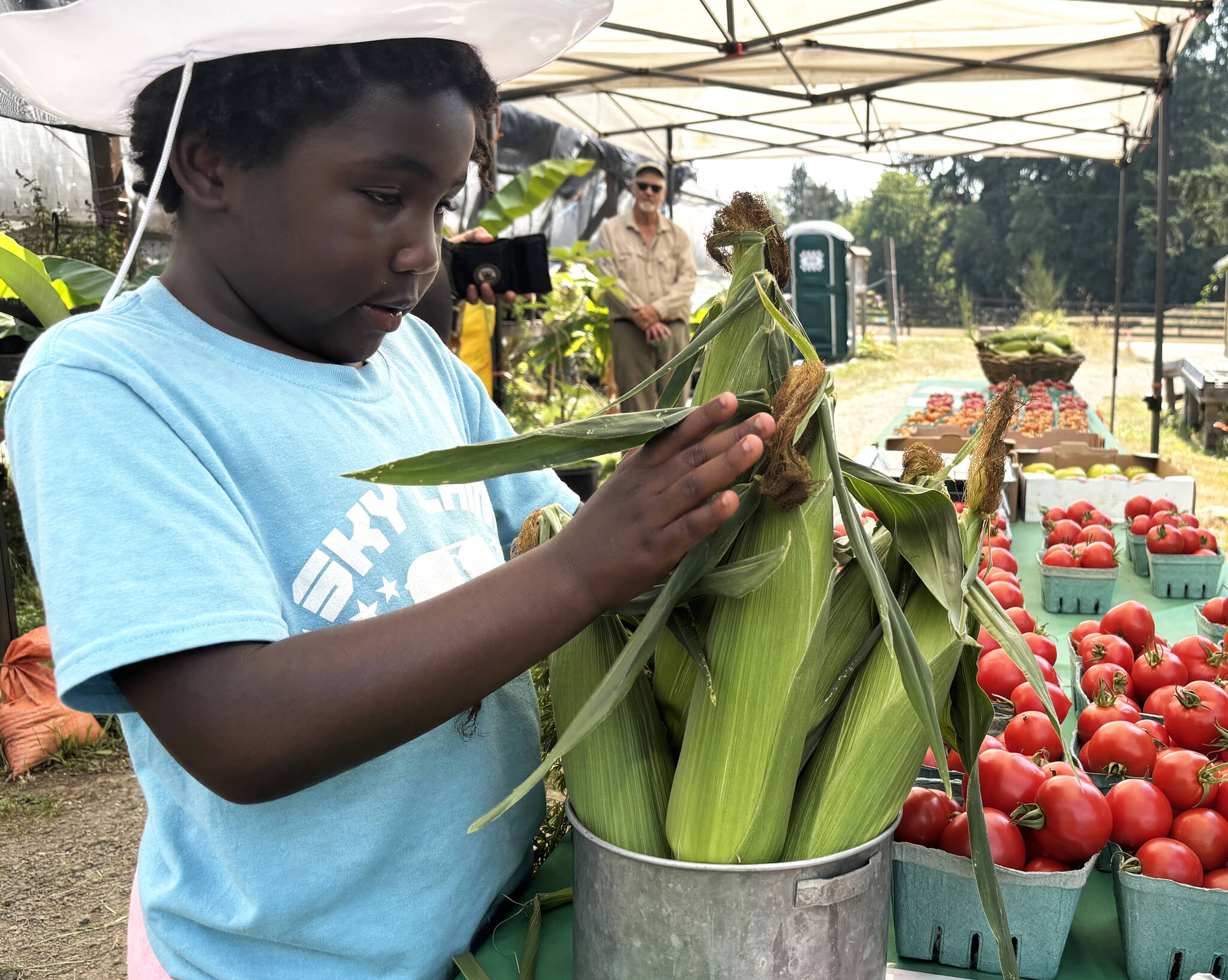 Molly Hetherwick/Kitsap News Group photo 
Zoe Kirk stuffs corn into a bucket for a Community Supported Agriculture box.