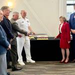 Britney Fletcher-West/Kitsap News Group photos
(left to right) Retired U.S. Navy Capt. George Bieda, Bremerton Mayor Greg Wheeler, retired Master Chief Petty Officer Rick D. West, Rear Adm. Christopher A. Nash, Bremerton-Olympic Peninsula Council president of the U.S. Navy League Patty Lent, and Pastor Peter Voorhees of City Chapel of Bremerton attended the U.S. Navys 250th birthday celebration at the Puget Sound Navy Museum in Bremerton Sept. 26.