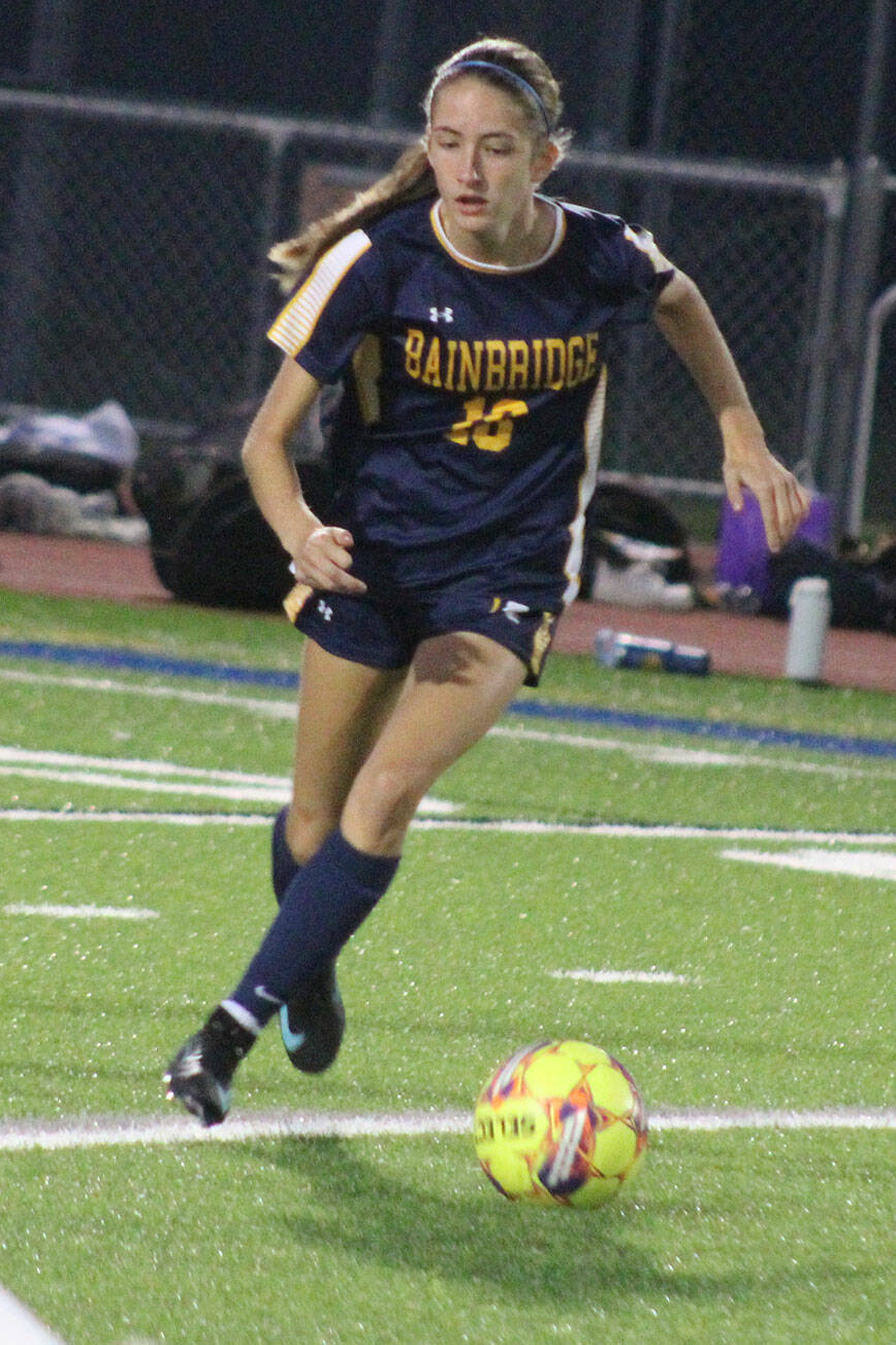 Spartan Vega Hendrickson pushes the ball downfield in a 1-0 Bainbridge home win over North Kitsap Oct. 2.