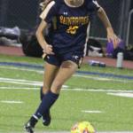 Spartan Vega Hendrickson pushes the ball downfield in a 1-0 Bainbridge home win over North Kitsap Oct. 2.