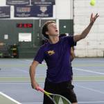 North Kitsap Viking Grady DeVries (serving) and his partner Rocco Targett won the 2A WCD doubles championship Oct. 31 at the Kitsap Tennis & Athletic Center in Bremerton.