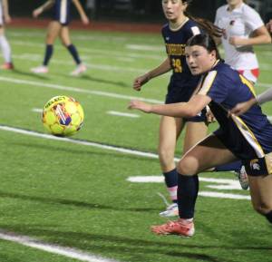 Luke Caputo/Kitsap News Group photos
Spartan Isabella St. Clair pursues the ball in a 3-1 Bainbridge home win over the Steilacoom Sentinels Nov. 8 in the District 3 2A girls soccer championship.
