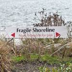 A sign warns of a fragile shoreline environment behind the Eagle Harbor condominiums complex.
