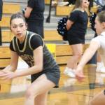 Viking Jasmine Sunnenberg looks to make a pass with Spartan Ada Reitz guarding her in a 47-25 Bainbridge home win over NK Jan. 13.
