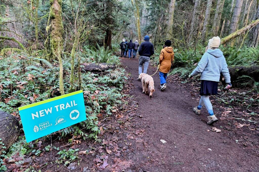 BI Parks and Trails Foundation courtesy photos
Hikers enjoy the first steps on the new trail from NE Vincent Road to the Gazzam Lake Nature Preserve.