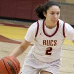 Buccaneer Taizah Franklin brings the ball up the court in a 60-36 Kingston home loss to Bainbridge Jan. 30.