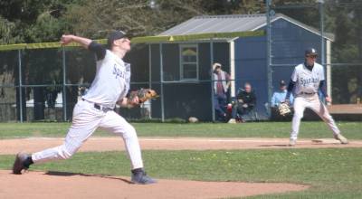Luke Caputo/Kitsap News Group
Spartan pitcher Dom DAmico throws the ball across the plate in an 11-6 Bainbridge home loss to the Peninsula Seahawks March 28.