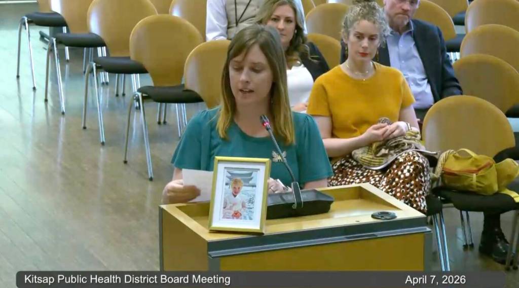 KPHD courtesy photo
Parent Katie Osantowski speaks as part of public comment at the health district boards April 7 meeting.