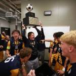 Mark Nowak courtesy photo
The Bainbridge Spartans celebrate in the locker room after winning their first state title in boys soccer since 2013 May 30 at Federal Way Memorial Stadium.
