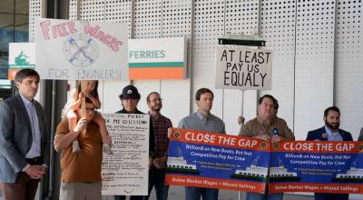 Joshua Kornfeld/Kitsap News Group photos
MEBA union members held a press conference at Colman Dock in Seattle June 17 to express concerns over high overtime rates and wage disparities.