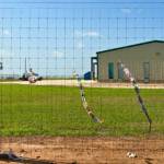 Origami tsuru (cranes) hang from the fence after the vigil at the Dilley Immigration Processing Center.